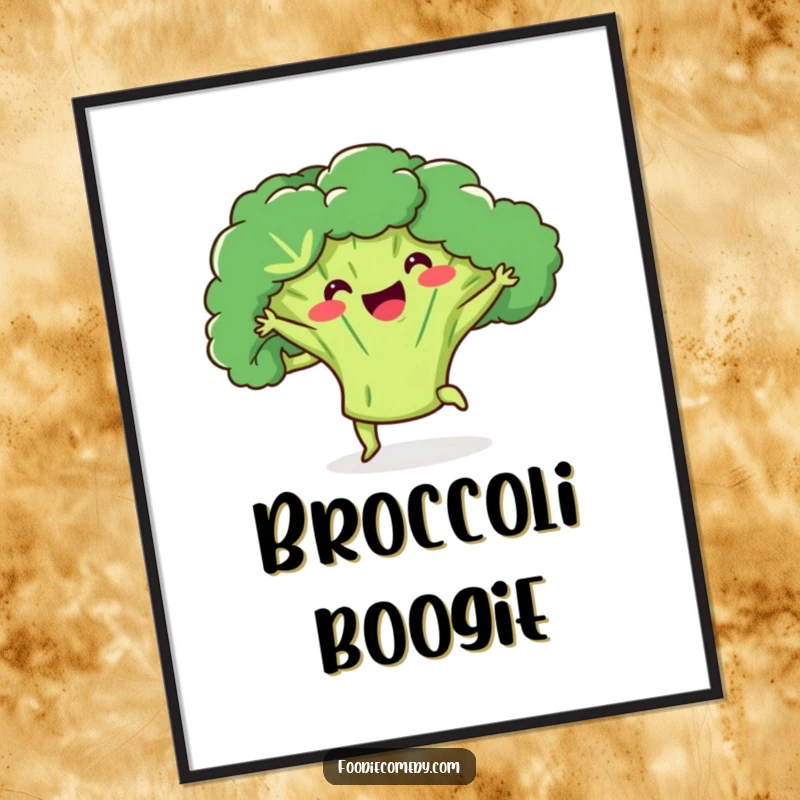 Funny broccoli digital art print of a happy broccoli doing a kick-ball-change, perfect for instant humorous decor.