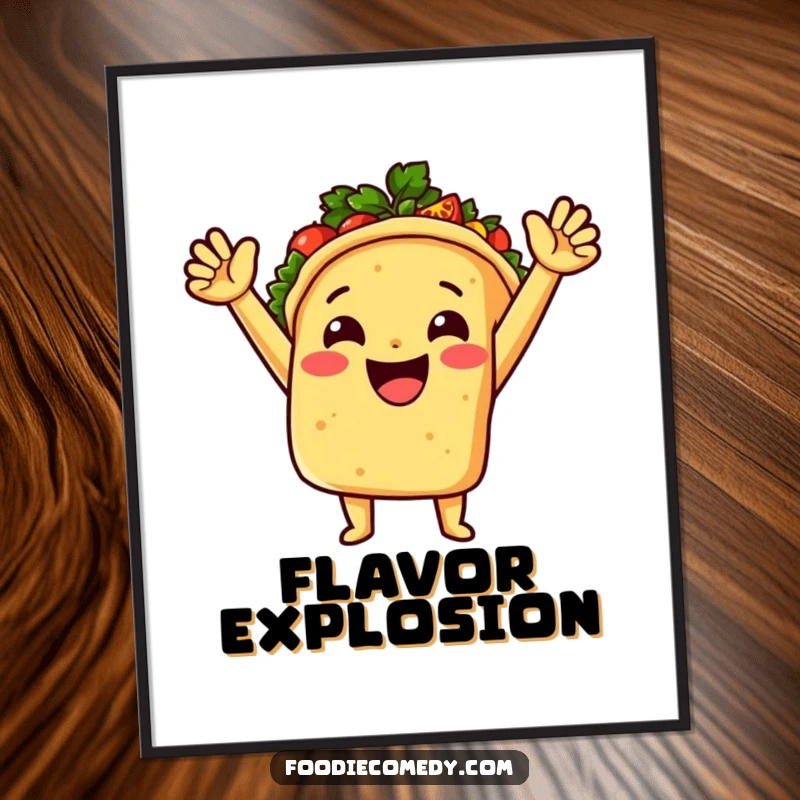 A joyful taco, arms raised, with spicy salsa erupting, presented as a downloadable, humorous digital art print.