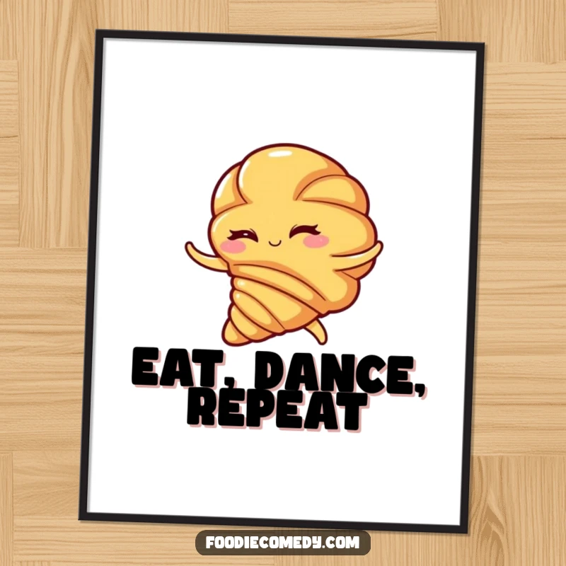 Funny digital art print, a winking croissant performing a passionate flamenco swirl, vibrant and humorous wall decor.