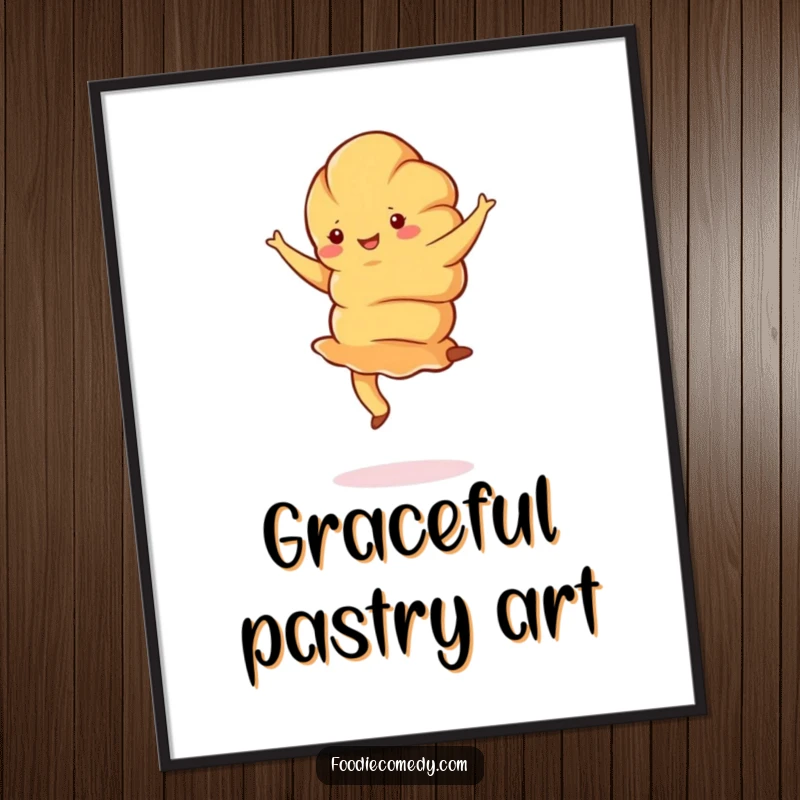 Funny croissant digital art print of a jubilant croissant doing a graceful pirouette, ideal for instant, elegant wall decor.