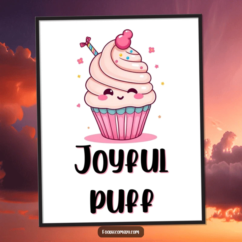 Funny Cupcake Party Digital Art: High-resolution printable of a kawaii cupcake character joyfully blowing a party favor.