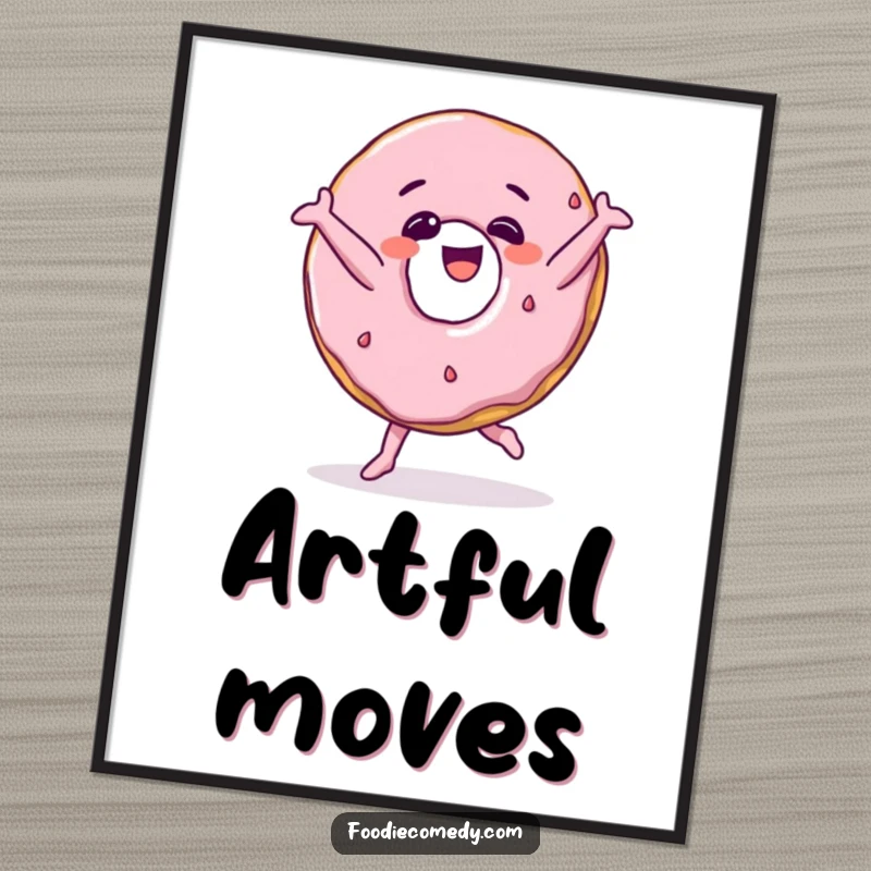 Funny donut character breakdancing, a high-resolution digital art print for instant humorous decoration.