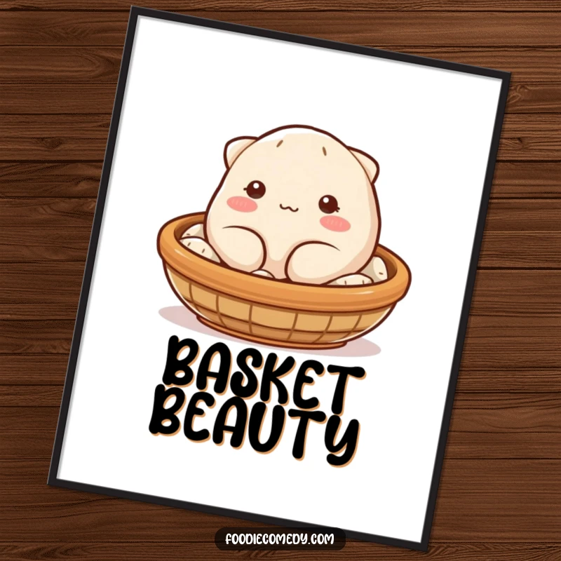 Funny dumpling digital art print of a blushing, plump character winking from a steaming basket, perfect for instant download and humorous decor.