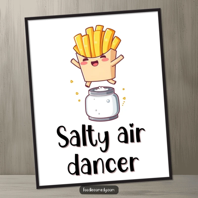 Funny French Fry Leap Digital Art: High-resolution printable of a kawaii french fry joyfully leaping over a salt shaker.