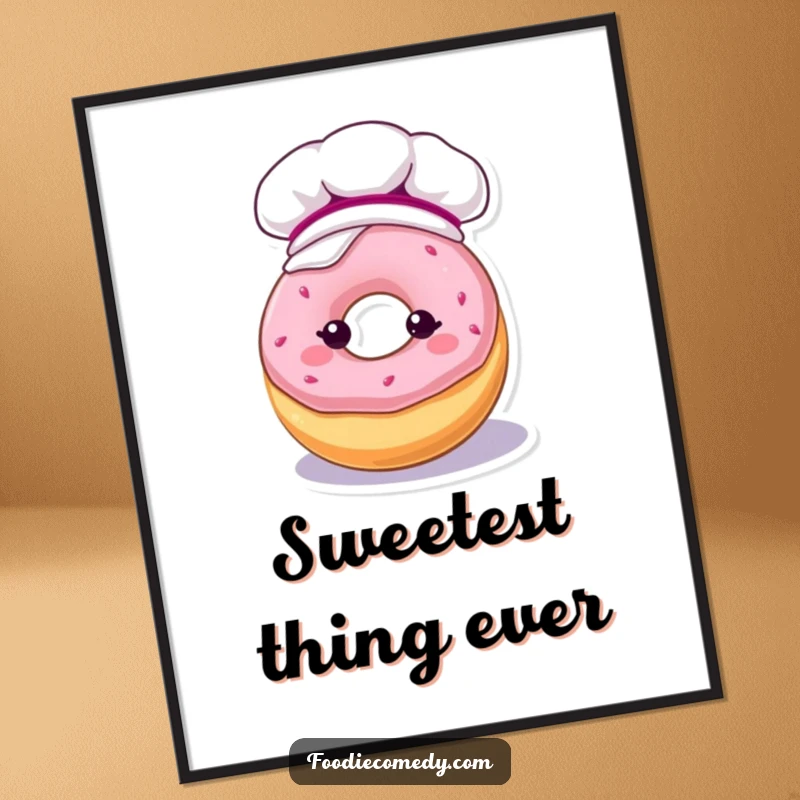 Funny digital art print of a kawaii donut character in a baking hat, covered in frosting, for immediate display.