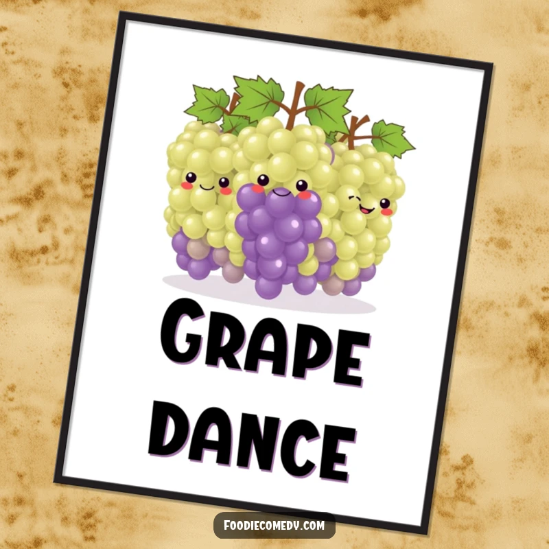Funny Grape Conga Digital Art Print: High-quality artwork of a smiling bunch of grapes dancing in a conga line, promoting fun and celebration.