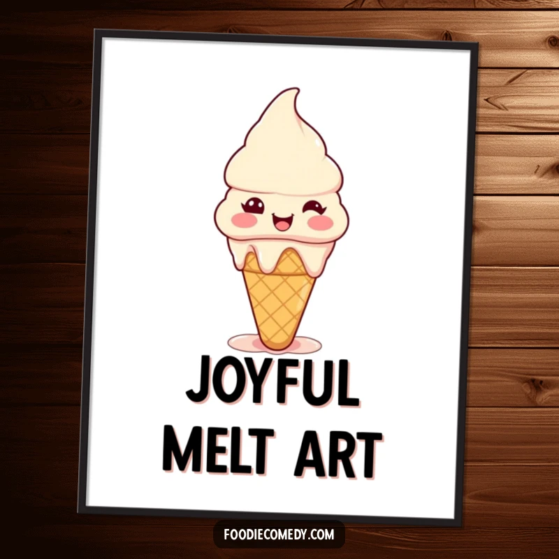Funny ice cream cone digital art print of a tiny happy cone melting slightly with pure joy, ideal for instant decor.