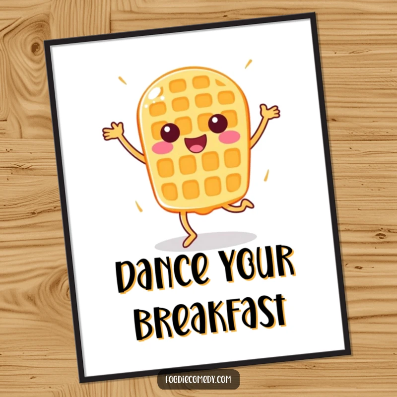 Funny Happy Waffle Digital Art Print: A waffle doing aerobics makes for energetic and humorous printable decor.