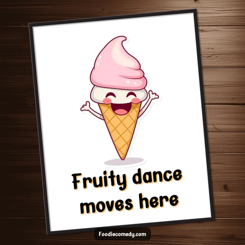 Funny ice cream cone digital art print of a laughing character doing a funky shimmy.