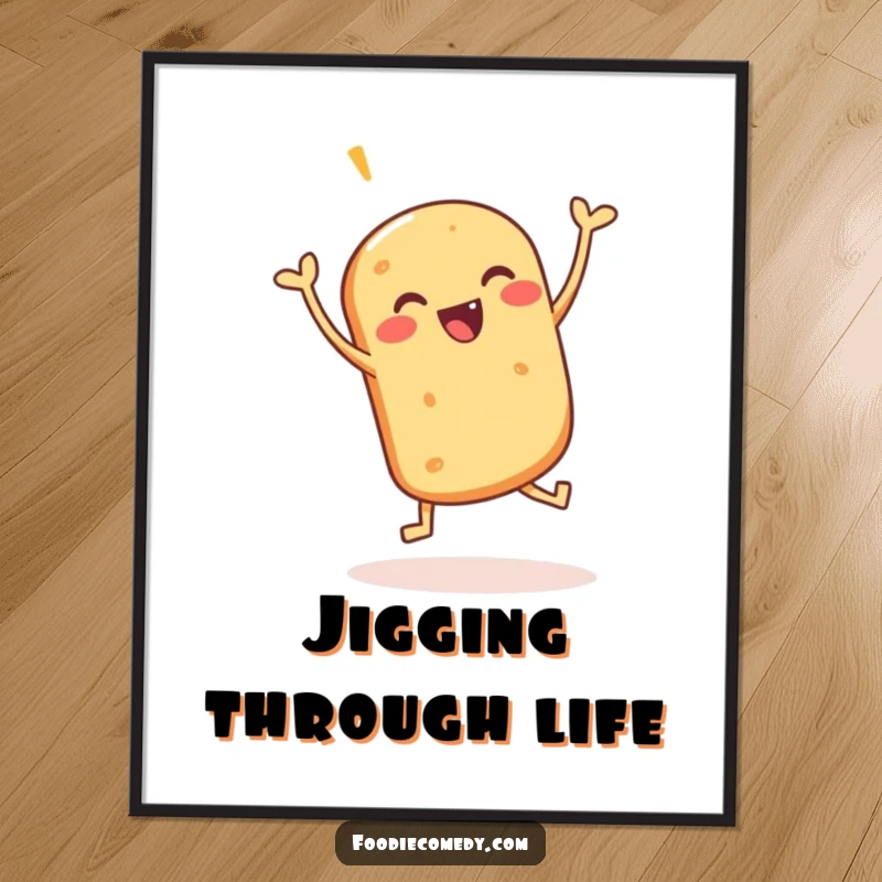 Funny digital art print of a jubilant bread roll performing a jig, ready to add cheerful bakery vibes to any display.