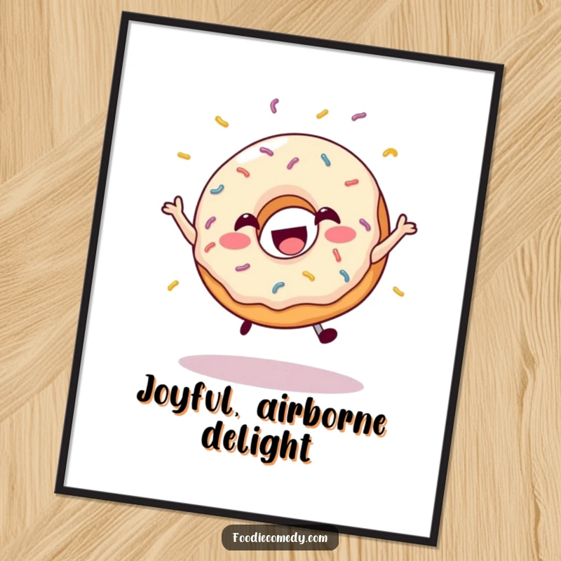 Funny digital art print of a happy donut in mid-leap with sprinkles flying, full of joyful energy.