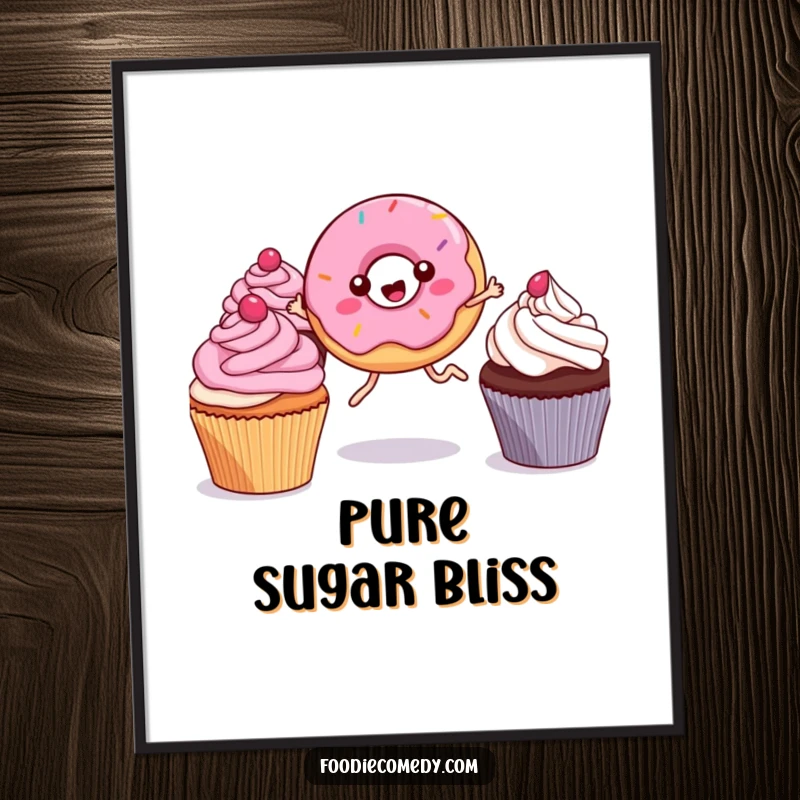 Funny Kawaii Donut Digital Art Print: A high-resolution artwork of a cute, leggy donut happily leaping between cupcakes, offering instant humorous decor.