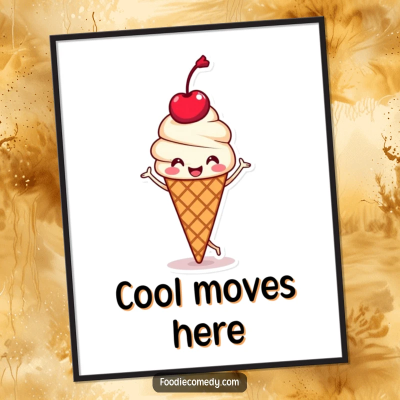 Funny digital art print of a kawaii ice cream cone with a cherry head doing a happy jig, perfect for sweet and humorous wall decor.