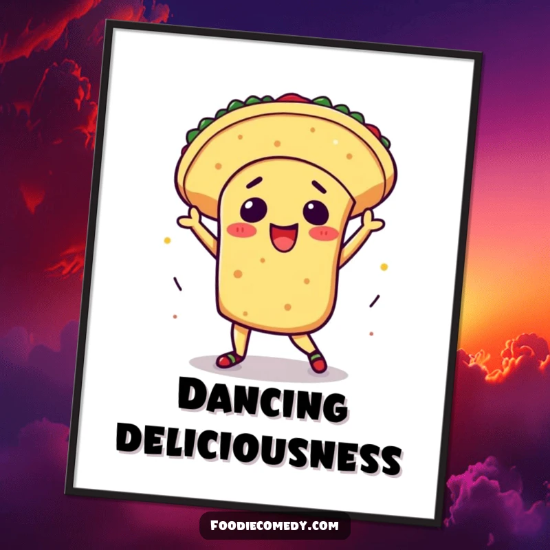 Funny kawaii taco digital art print, excited taco doing a flamboyant salsa dance, humorous food wall art, cute Mexican food illustration, perfect funny gift printable.