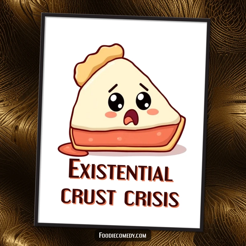 Funny digital art print of a pie slice looking surprised because its crust is gone.