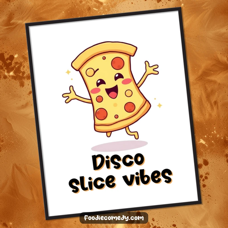 Funny digital art print of a pizza slice performing a disco groove, perfect for vibrant and humorous wall art.