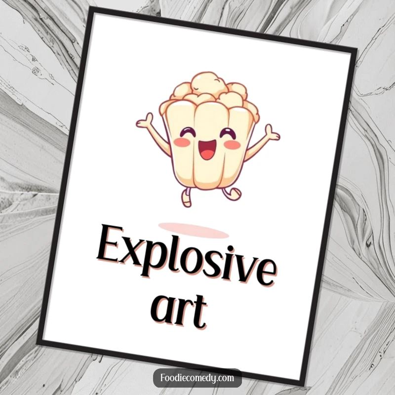 Funny digital art print of an excited popcorn kernel in a playful leap, ready for instant download and fun.