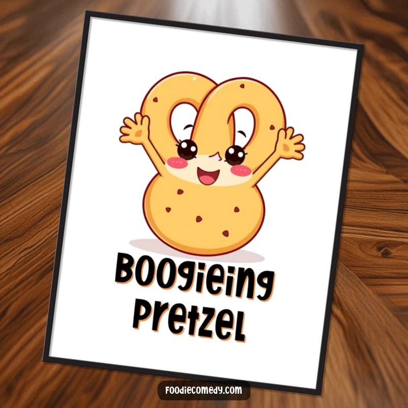 Funny pretzel digital art print of a joyful pretzel with arms boogying with enthusiasm, for instant energy.