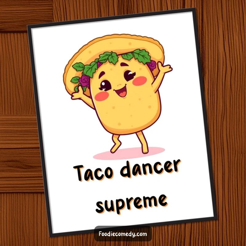 Funny taco digital art print, cheerfully salsa dancing with a wink, for instant festive wall decor.