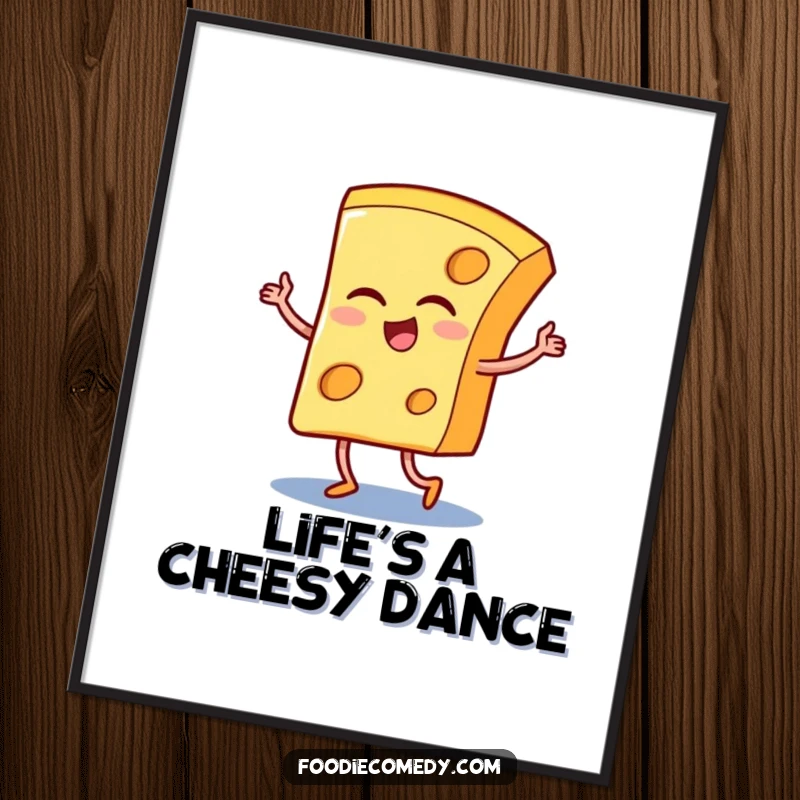 Funny digital art print of a winking cheese slice executing a passionate tango, ready to add humor to any digital display.