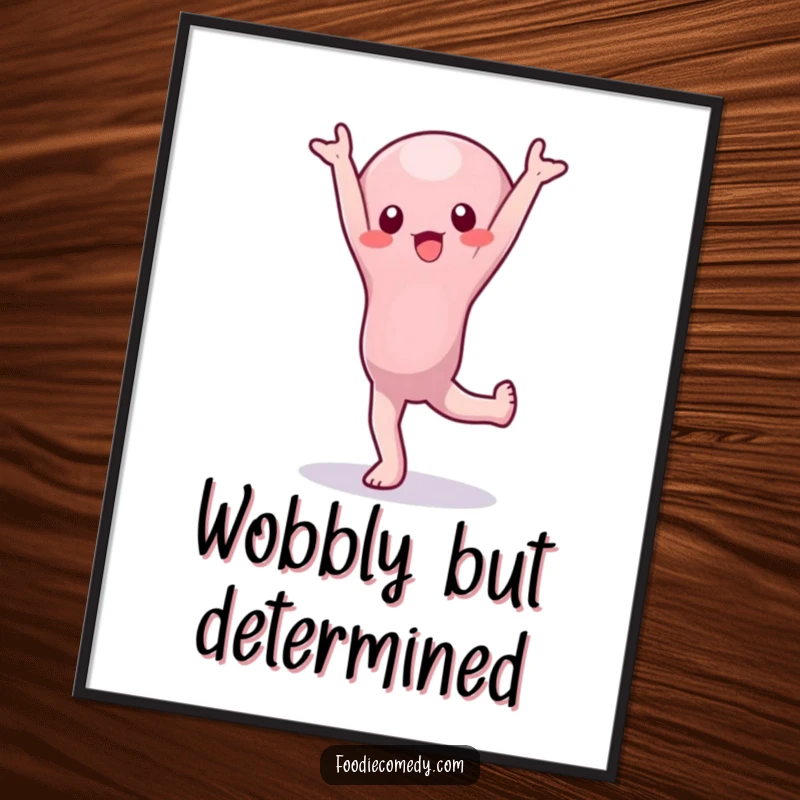 Funny Digital Art Print: A wobbly jelly character attempts a handstand, offering a humorous and artistic expression of instability.