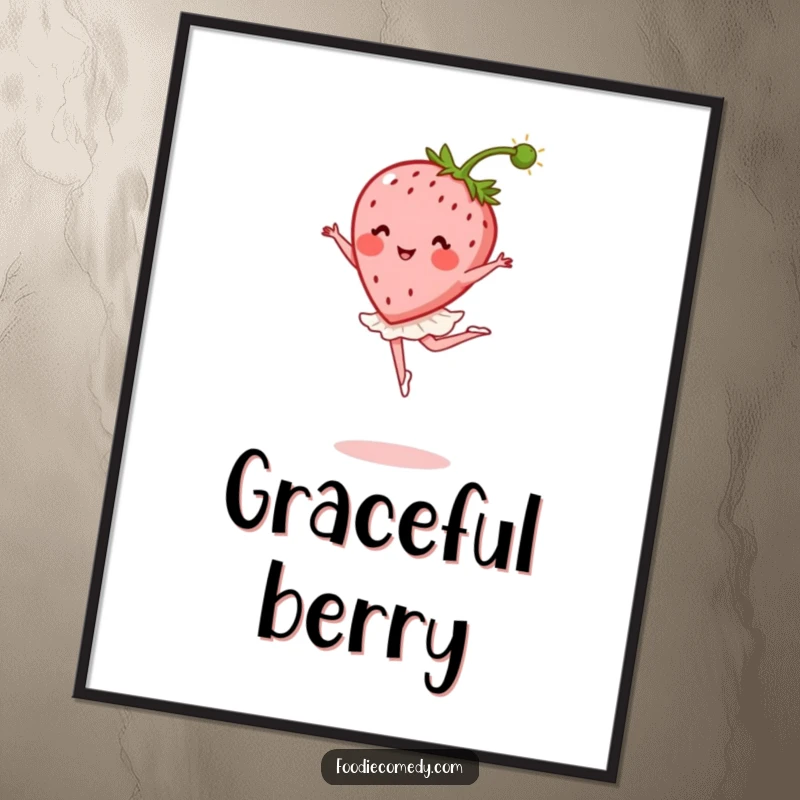 Funny Strawberry Ballet Digital Art Print: A high-quality print of a strawberry performing a ballet leap, stem as a plume, conveying artistry.