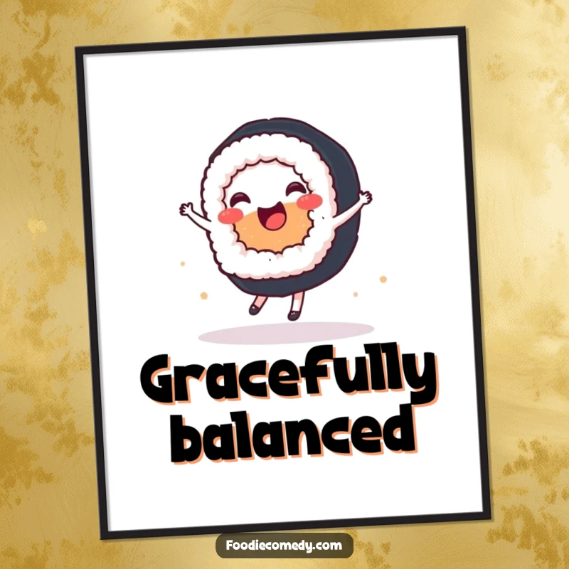 Funny digital art print of a joyful sushi roll executing a graceful ballet spin, ideal for elegant interior decor.