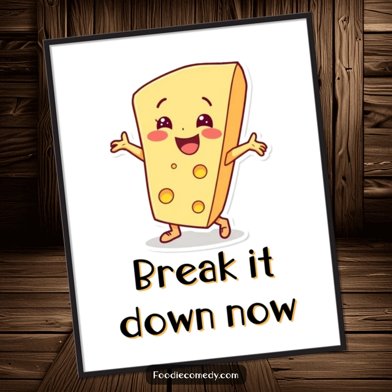 Funny cheese wedge character performing breakdance moves in a digital art print, ideal for humorous and urban wall decor.