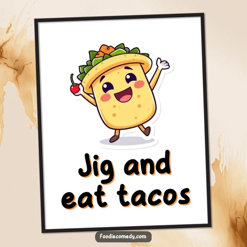 Funny Digital Art Print: A taco character jigs with a chili pepper, radiating pure joy and festive energy for digital decor.