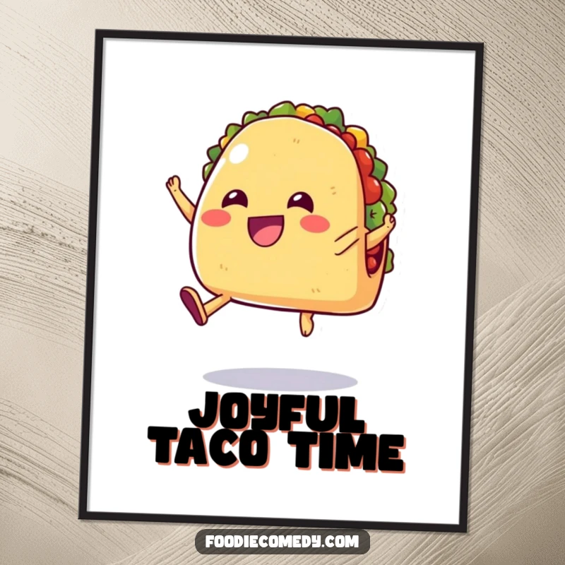 Funny digital artwork of a cheerful taco with tiny legs jumping in the air, ready to bring festive cheer.