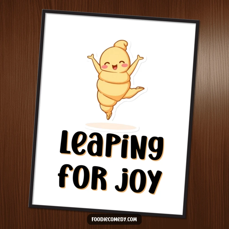 Funny croissant character captured mid-ballet leap in a digital art print, ideal for elegant and humorous wall decor.