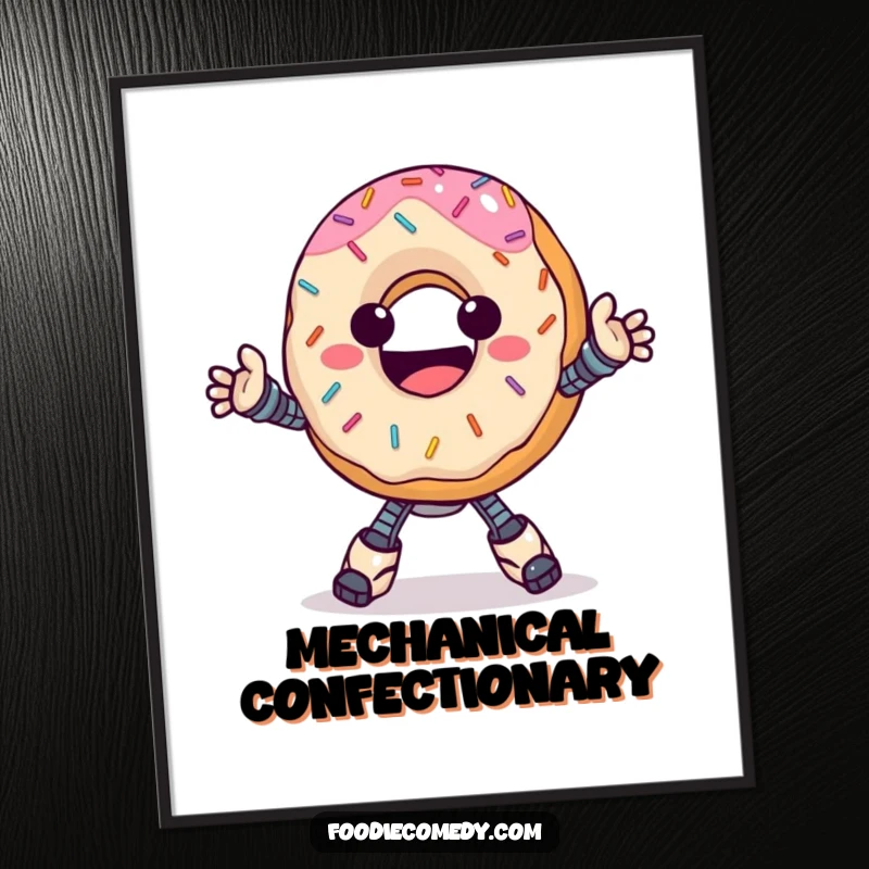 Funny donut digital art print, happy with sprinkles, doing a groovy robot dance, for instant sweet decor.