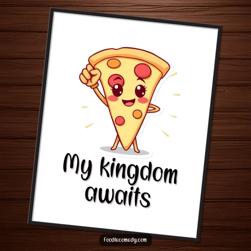 Funny pizza slice hero digital art print, featuring a proud pizza character in a valiant pose.