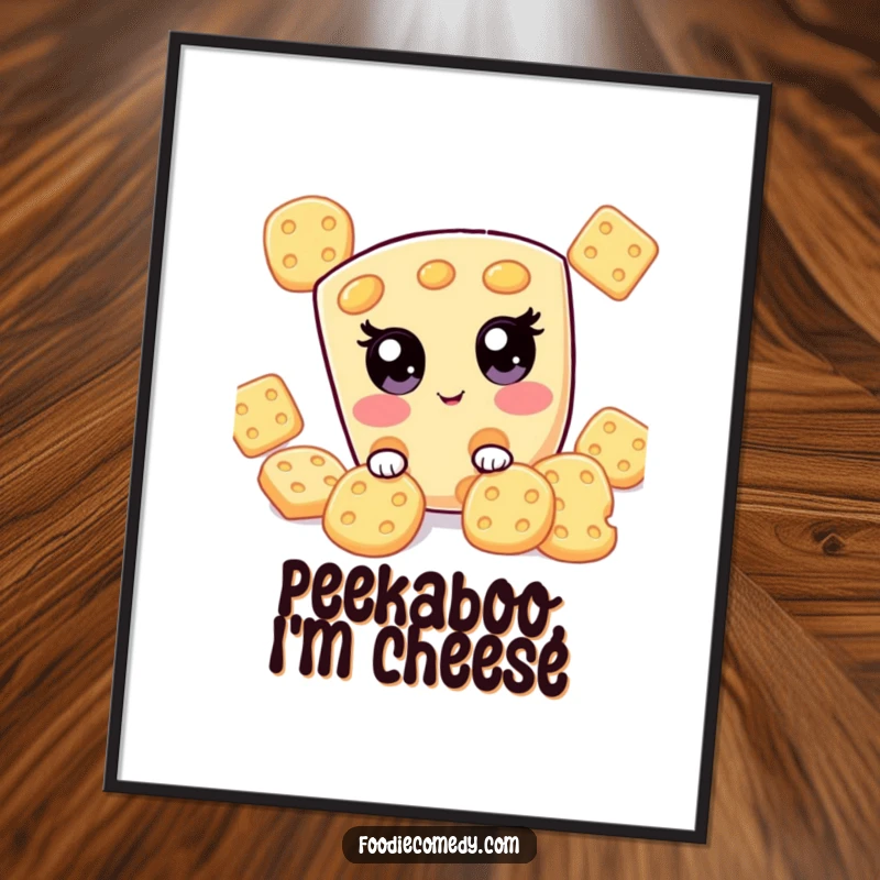 Funny kawaii cheese slice playing hide-and-seek behind crackers, a downloadable digital art print for humorous decor.