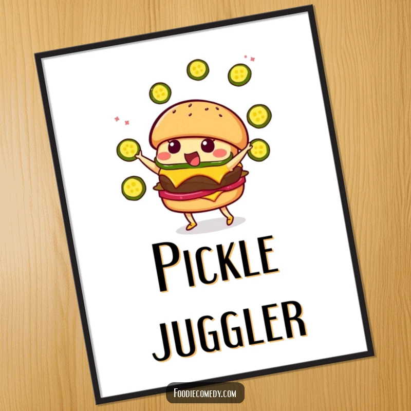 Funny Burger Juggling Digital Art: High-resolution printable of a kawaii burger character joyfully juggling pickle slices.