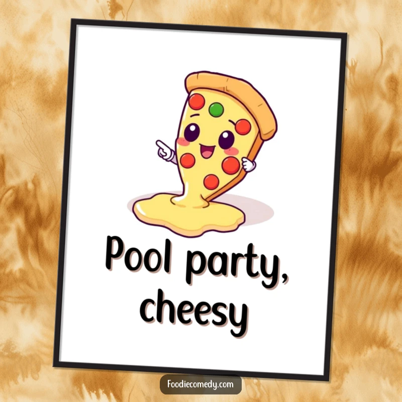 Funny digital art print of a kawaii pizza slice character pointing at a pool of dripping cheese, for immediate display.