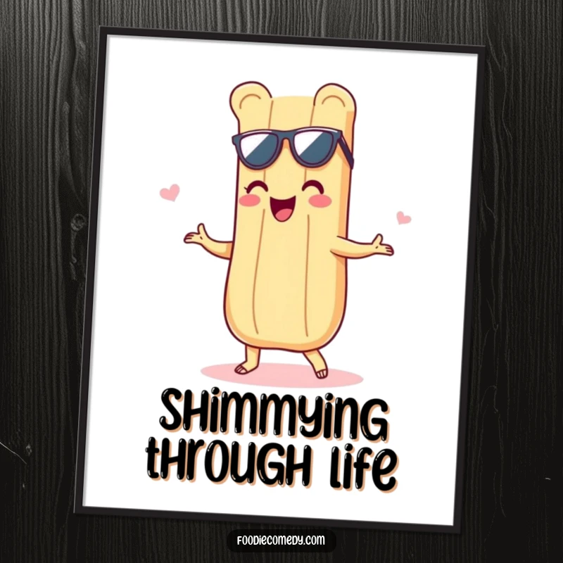 Funny digital art print of a delighted baguette grooving with a shimmy, perfect for adding humor and style to digital displays.