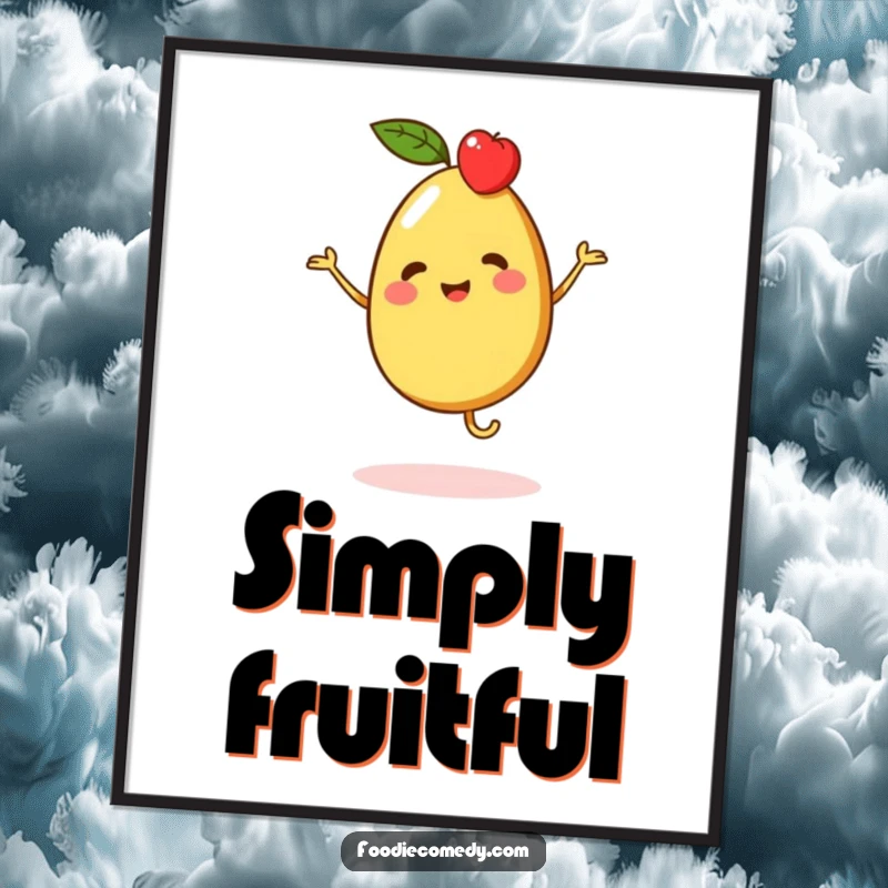 Funny digital art print of a vibrant piece of fruit character performing a merry jig, ideal for vibrant and playful decor.