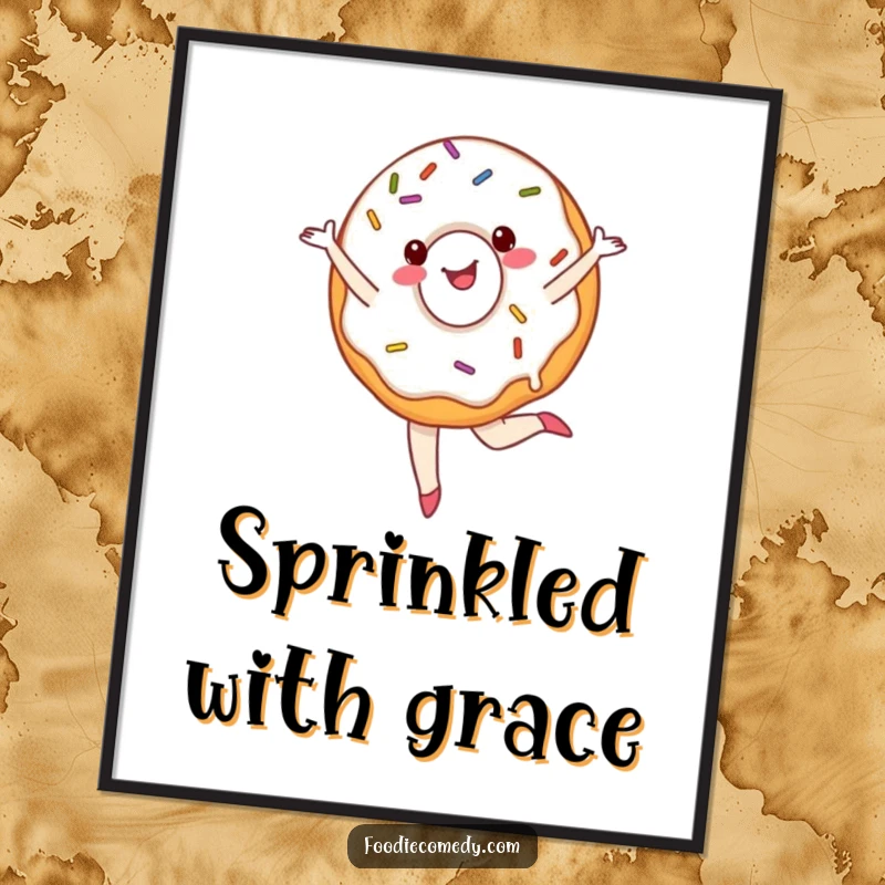 Funny ballet donut digital art print showing a cheerful, sprinkled donut performing a pirouette, ideal for sweet humor.