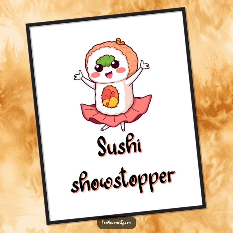 Funny sushi digital art print of a sushi roll in a flamboyant flamenco pose, perfect for instant dramatic decor.