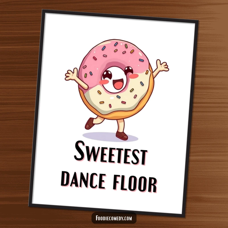 Funny Donut Digital Art Print: A high-resolution image of a cheerful donut breakdancing with sprinkles, full of vibrant energy and sweetness.