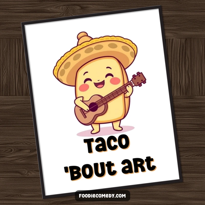 Funny taco digital art print of a joyful musician taco with a sombrero and guitar, perfect for instant decor.