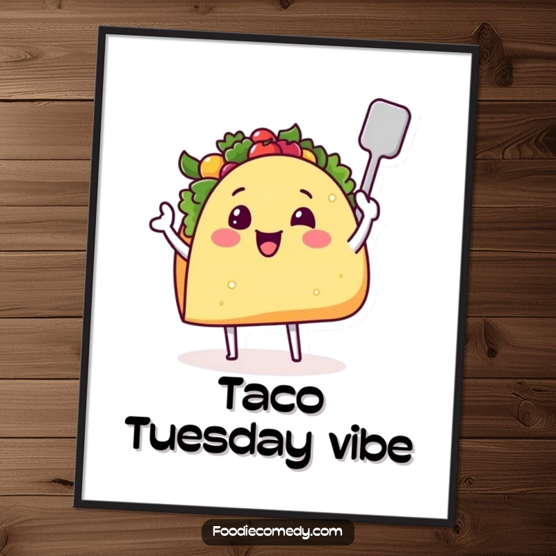 Funny taco digital art print of a smiling taco with tiny legs and a spatula, ideal for printable kitchen wall decor.