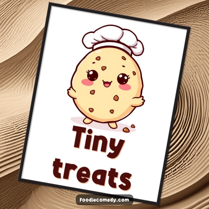 Funny Digital Art: A kawaii cookie in a chef hat generously offers tiny crumbs. A humorous and sweet illustration for bakers.