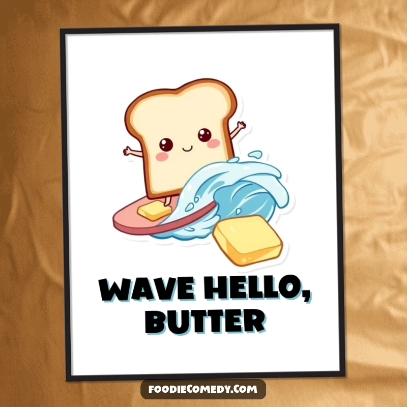 Funny Bread Digital Art: A playful bread slice humorously surfing on a butter wave, bringing breakfast fun.