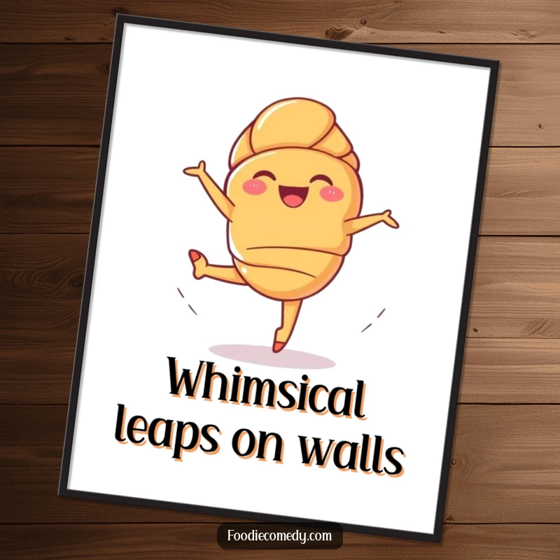 Funny Giggling Croissant Digital Art Print: A pastry leaps joyfully in ballet, offering whimsical and humorous printable decor.