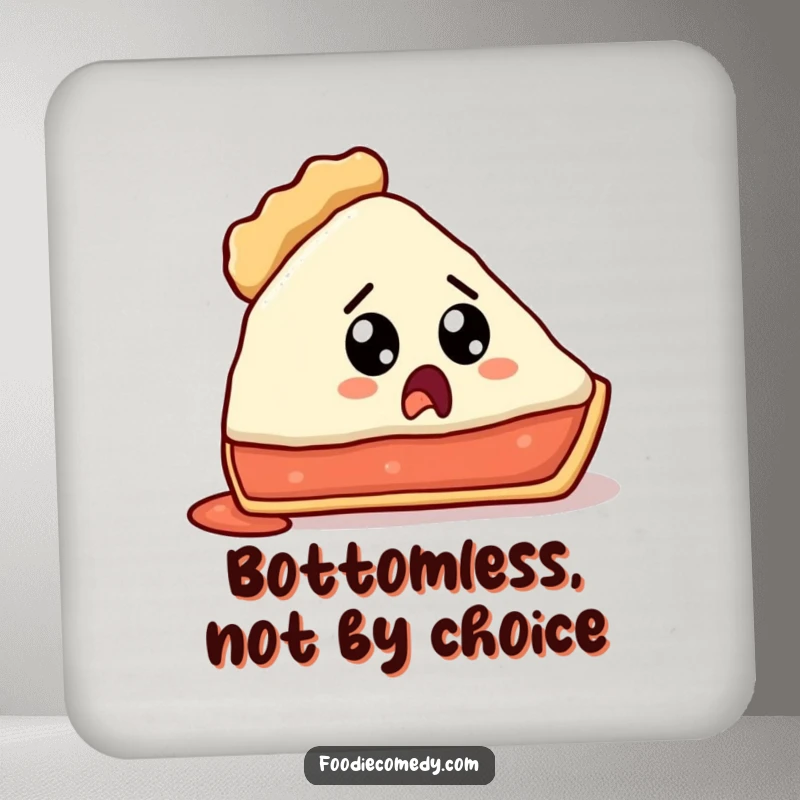Funny drink coaster showing a pie slice with a surprised, crustless expression, preventing spills.