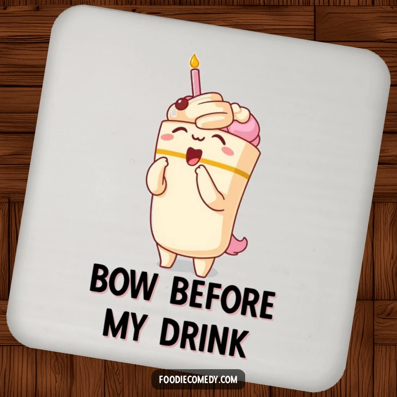 Funny drink coaster featuring a kawaii cake character performing a dramatic opera bow, adding flair to any surface.