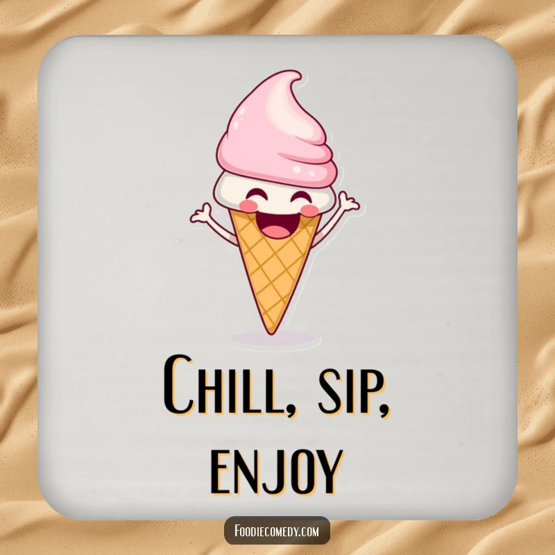 Funny ice cream cone coaster with a laughing character doing a funky shimmy, perfect for tables.