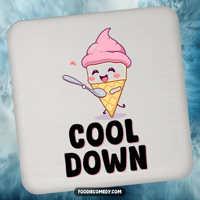Funny Drink Coaster: A giggling kawaii ice cream cone playfully dodges a chasing spoon. A humorous and protective accessory.